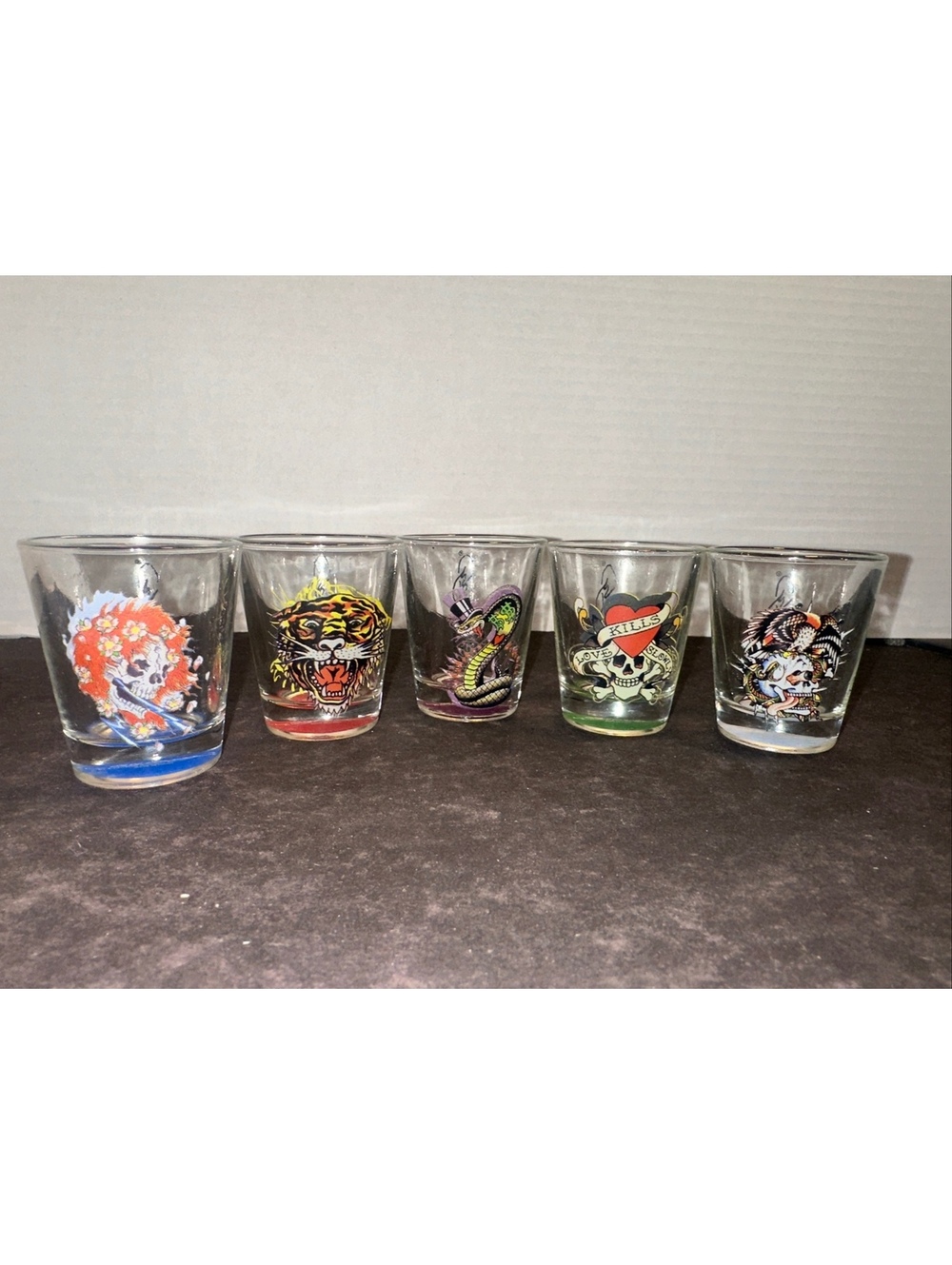 Ed Hardy by Christian Audigier Shot Glasses Set of 5 Tattoo Skull Tiger